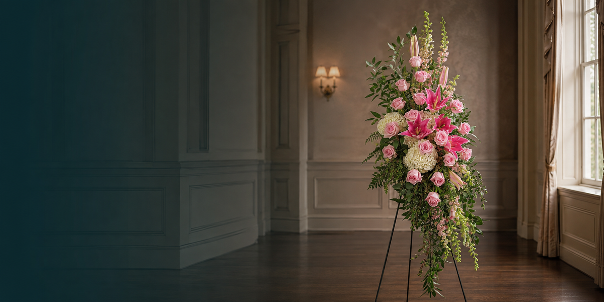 Elegant pink standing spray displayed on an easel in a softly lit memorial room