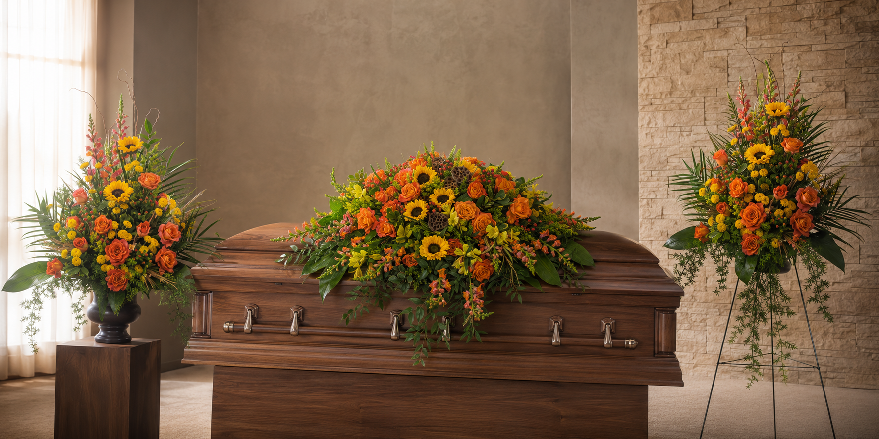 Sunset Reflections casket spray on a closed wooden casket with matching standing spray and urn arrangement