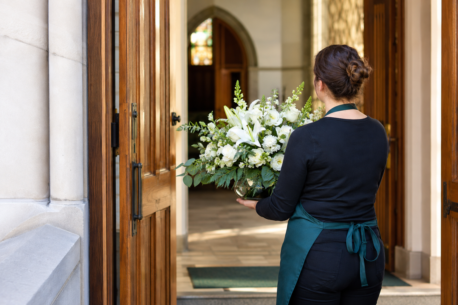 A 21 Petals florist delivering a sympathy arrangement into a church