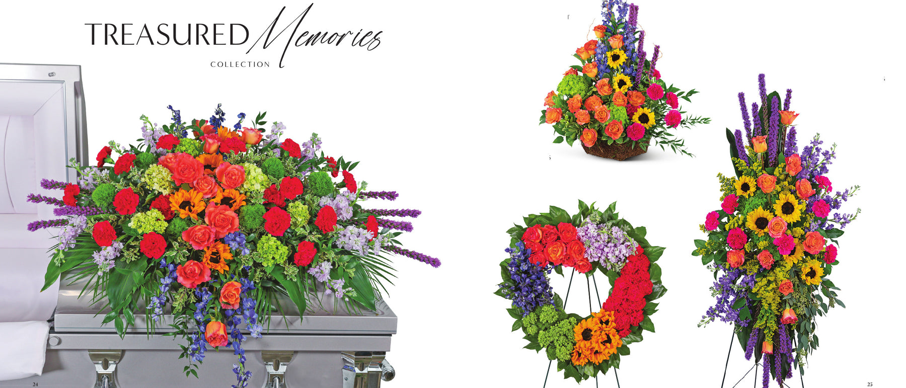 Coordinated funeral flower set with a casket spray, standing spray, heart and companion arrangement