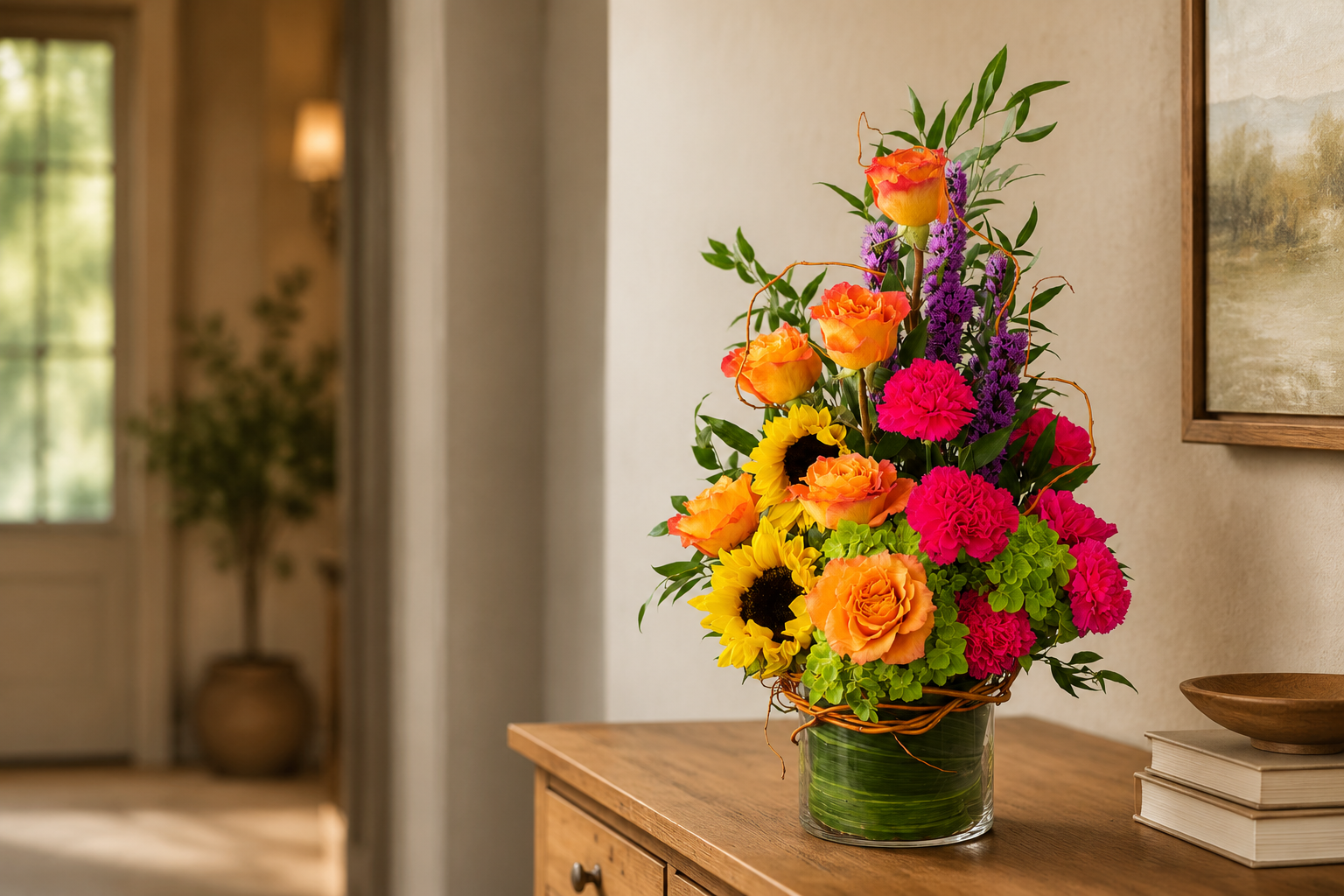 Colorful sympathy vase arrangement displayed in a warm, welcoming home