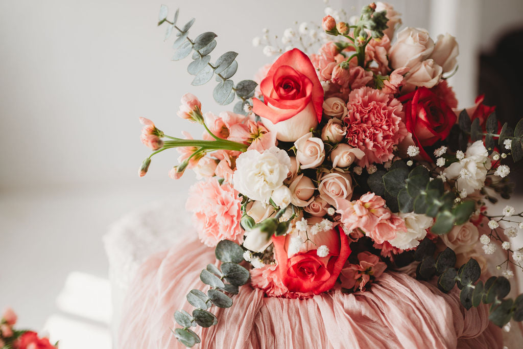 Coral and blush wedding bouquet detail