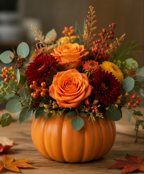 Fall floral arrangement in an orange ceramic pumpkin