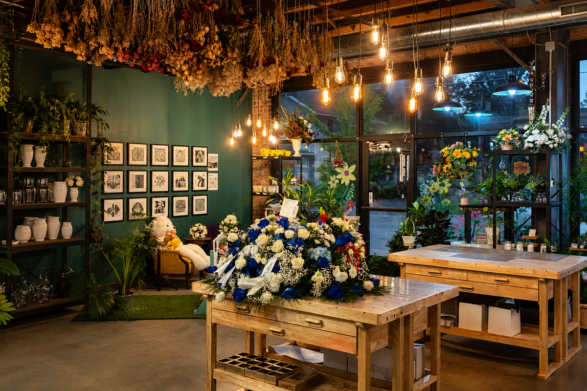 Warm interior of SoBro Flower Co. with flowers and wooden worktables