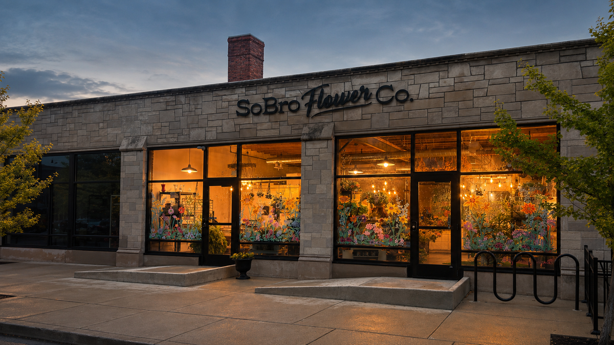 SoBro Flower Co. storefront on College Avenue in Indianapolis at dusk